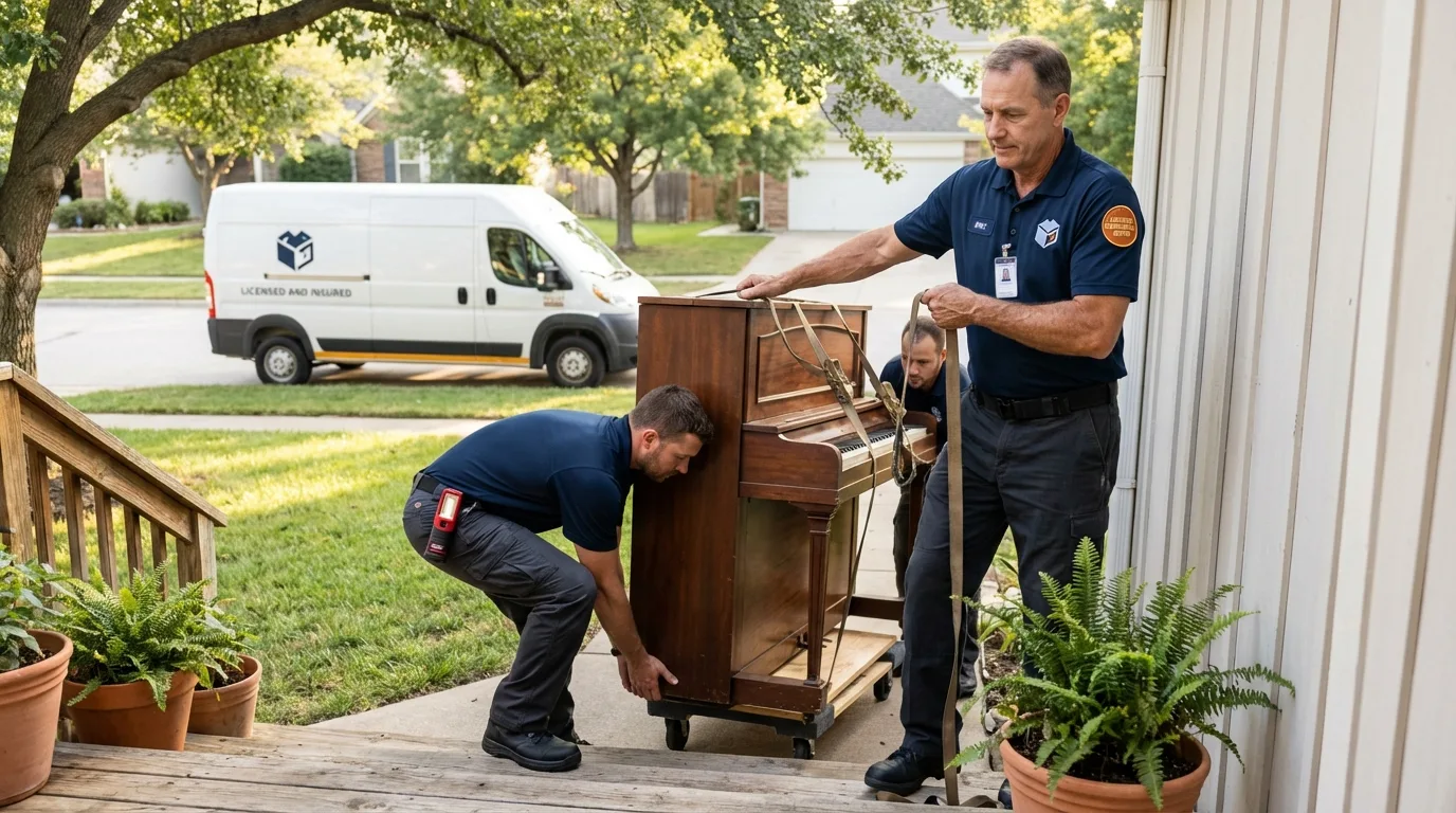 Licensed piano movers securing grand piano in Girdwood, AK
