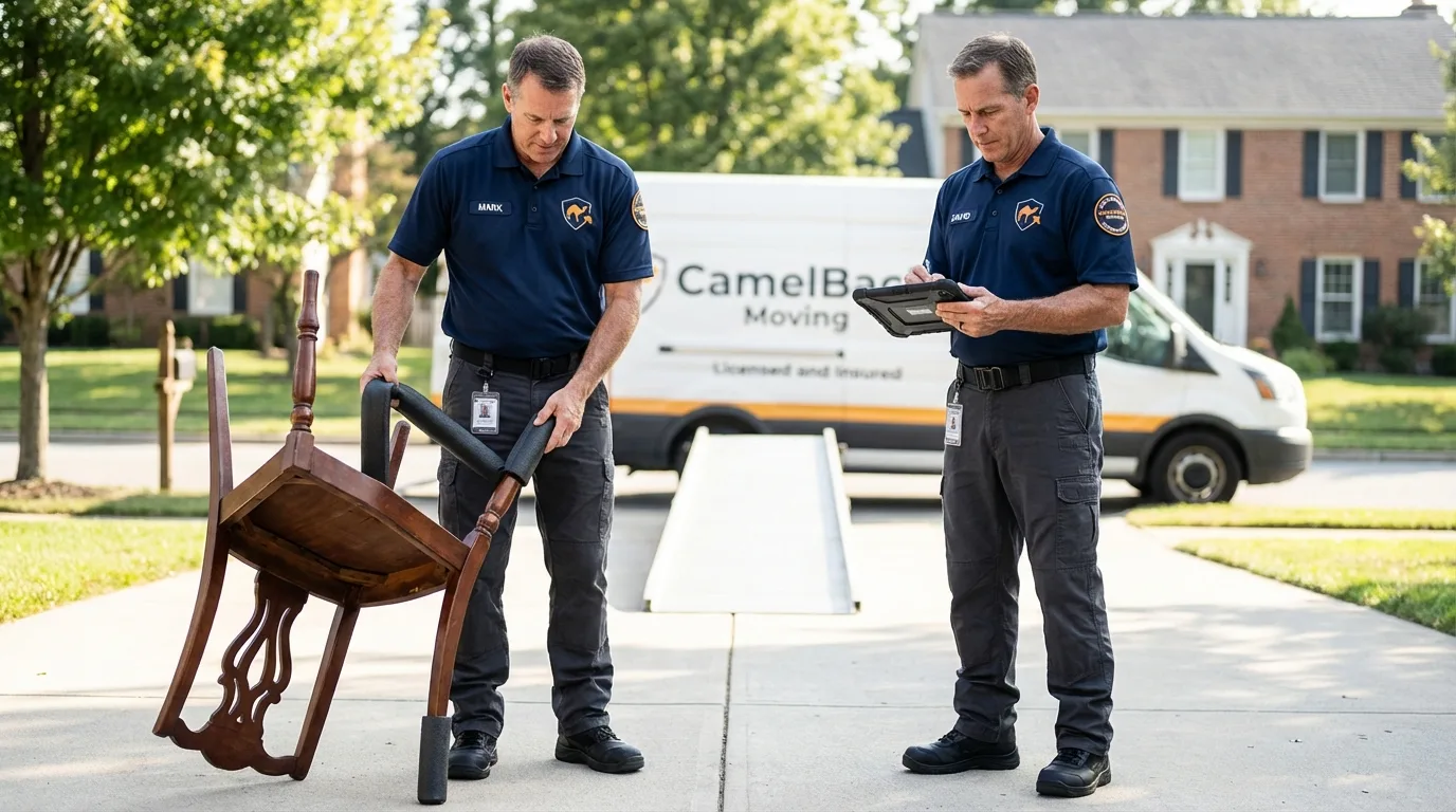 Movers inspecting furniture for damage prevention before loading in Girdwood, AK