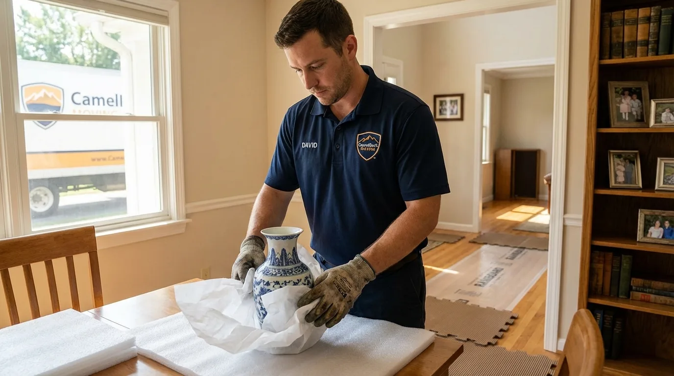 Professional crew carefully wrapping antique vase for senior downsizing move in Girdwood, AK